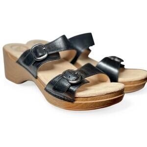 Dansko Sophie Black Leather Slide Slip On Sandals Adjustable Buckle Size 41 EUC